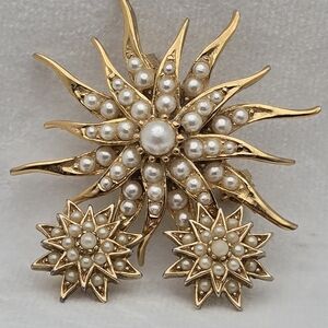 Vintage Gold-Tone Sunburst Brooch & Earrings Set w/ Seed Pearls
